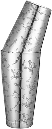 Silver cocktail shaker with skull and crossbones design on a white background