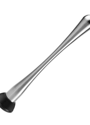 A stainless steel mudler with a long handle and a ribbed tip.