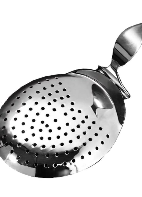 A stainless steel Julep strainer with a 90 degree curved handle and a perforated oval body.