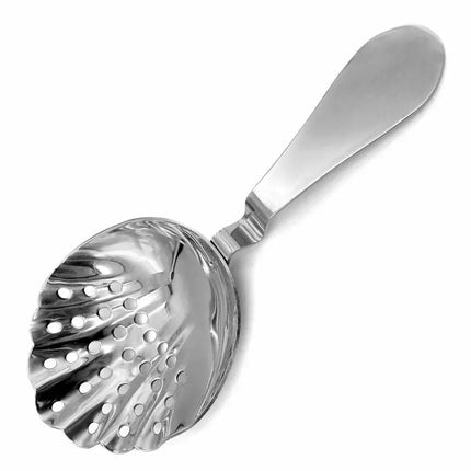 Metallic tea strainer on a white background