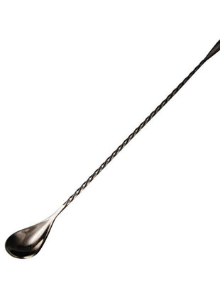 A stainless steel bar spoon with a twisted handle and a drop-shaped tip.