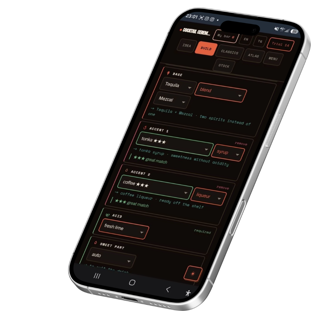Every layer comes with an explanation.Choose a base, add accents, and the app tells you how good the match is and in which form the flavour should enter the drink.