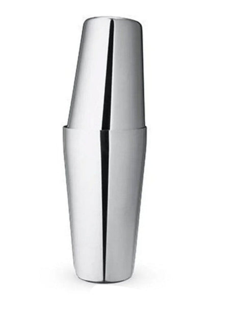 Two sizes of stainless steel Boston shakers without weights, one larger and one smaller.