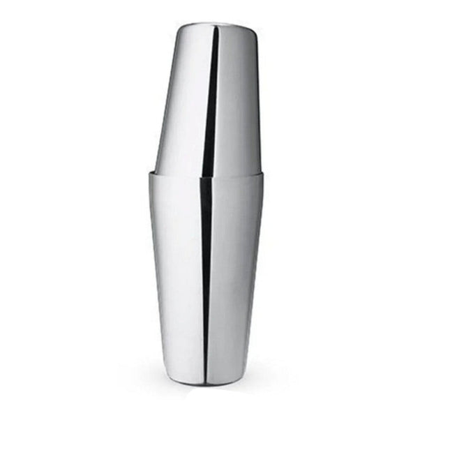 Two sizes of stainless steel Boston shakers without weights, one larger and one smaller.