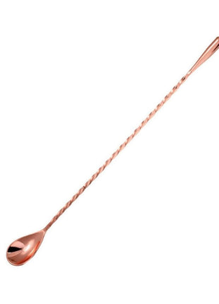 A stainless steel bar spoon with a twisted handle and a drop-shaped tip.