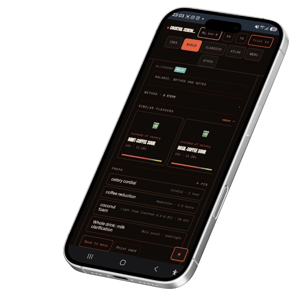 From an idea to a card your bar can actually run.The finished drink comes with its method, its prep list and its nearest variations — ready for service or for the menu.