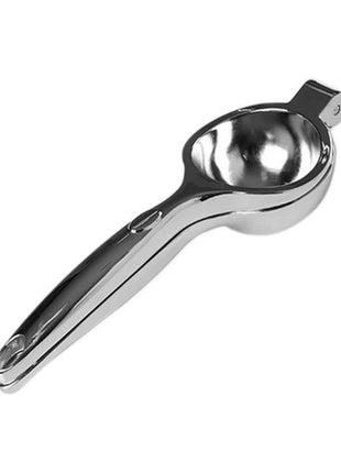 A handheld stainless steel lemon squeezer with a smooth finish and a handle.
