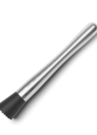 A stainless steel muddler with a long handle and a ribbed tip, featuring a black ABS grip.