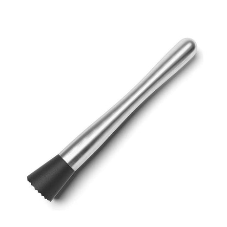 A stainless steel muddler with a long handle and a ribbed tip, featuring a black ABS grip | Cocktail Ceremony