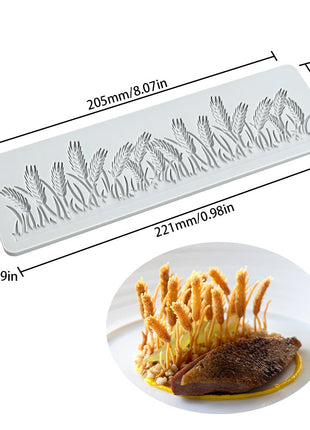 Wheat patterned mold with dimensions and a dish of food on a white background