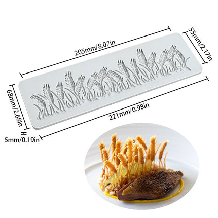 Wheat patterned mold with dimensions and a dish of food on a white background