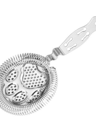 A set of stainless steel Hawthorne strainers in gold, silver, rose gold, and black colors, each designed in the shape of an animal's paw with curves on the handle for comfortable grip.