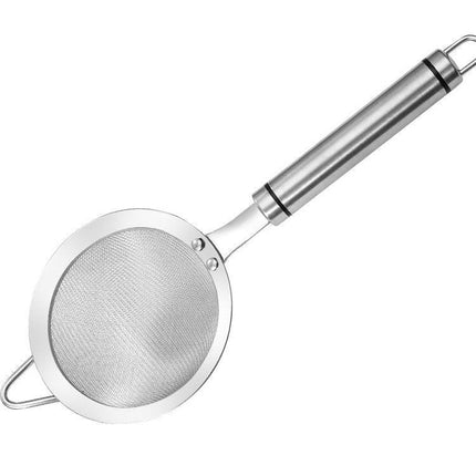 Metallic kitchen strainer on a white background