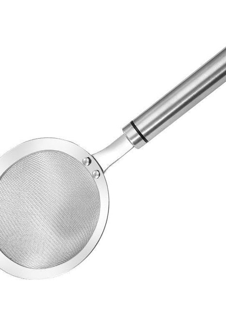 Metallic kitchen strainer on a white background