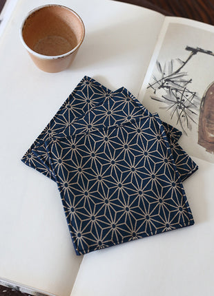 Fabric Coaster — Dark blue small hemp leaf pattern (9×9 cm)