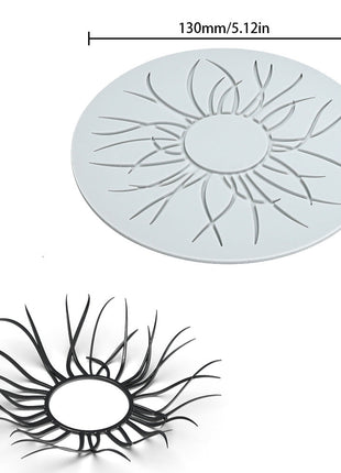 Circular product with sunburst design, measurements, and brand name on a white background