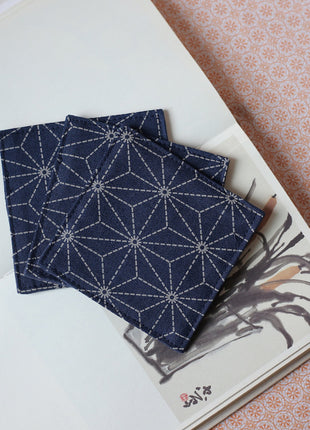 Fabric Coaster — Tibetan blue thorn hemp leaf pattern (9×9 cm)