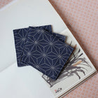 Fabric Coaster — Tibetan blue thorn hemp leaf pattern (9×9 cm)