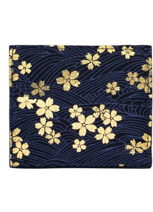 Navy blue fabric with gold floral pattern and measurements indicated