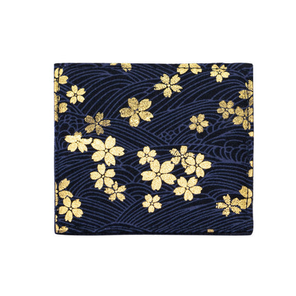 Navy blue fabric with gold floral pattern and measurements indicated