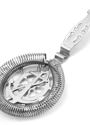 Metallic cocktail strainer on a white background