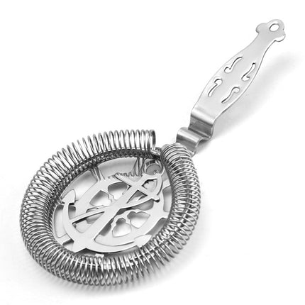 Metallic cocktail strainer on a white background