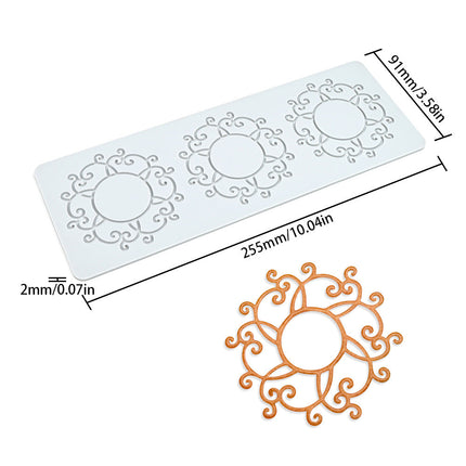 Decorative silicone mold with floral design and dimensions on a white background