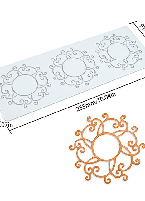 Decorative silicone mold with floral design and dimensions on a white background