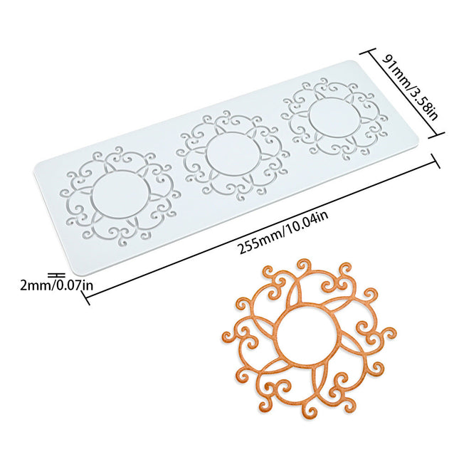 Decorative silicone mold with floral design and dimensions on a white background
