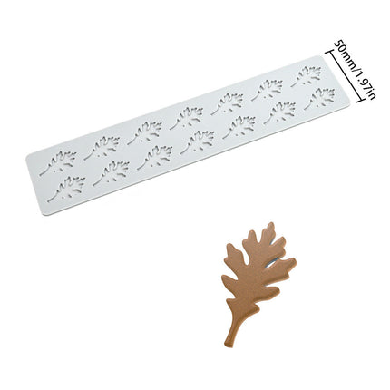 Leaf-shaped mold with dimensions and sample leaves on a white background
