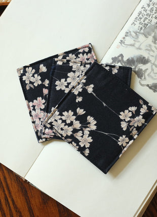 Fabric Coaster — Black background with pink and white cherry blossoms (9×9 cm)