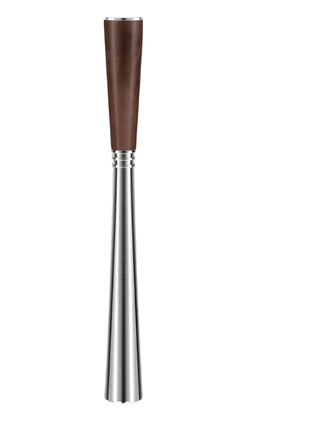 Stainless steel muddler with wooden handle and measurement details on a black background