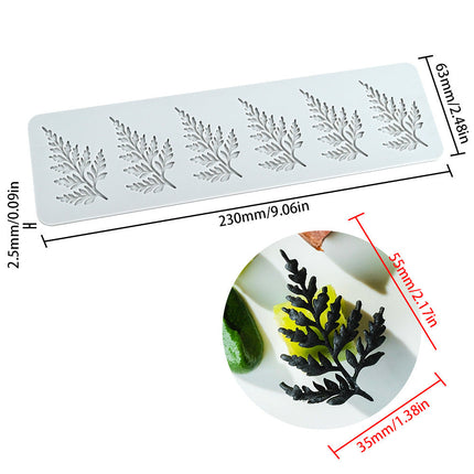 Silicone mold with leaf patterns and dimensions on a white background