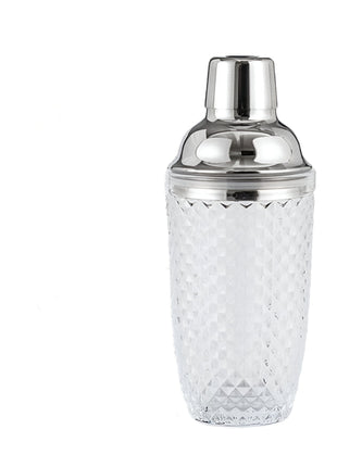 A vintage style cobbler shaker with a 'woven' pattern, featuring a glass lower container and a steel upper container, with a product box in the background.