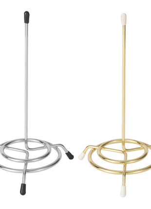 Two metal stands, one silver and one gold, on a white background.