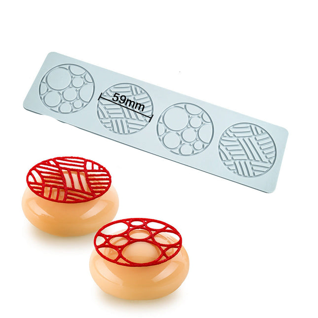 Mold with geometric patterns and two molded products on a white background