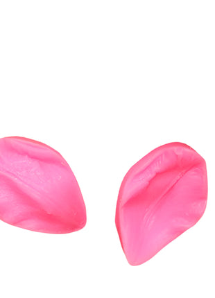 Pink lip-shaped objects on a pink and orange background with text overlay