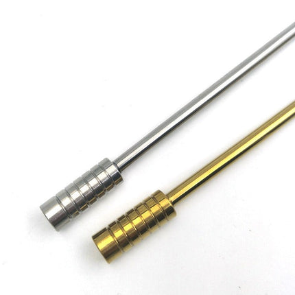 Two metal rods, one gold and one silver, on a white background