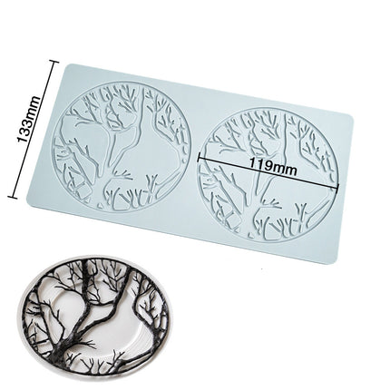 Silicone mold with tree design and dimensions on a white background