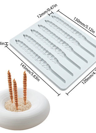 Silicone mold for making wheat stalks with dimensions and product code LFM-465 displayed.