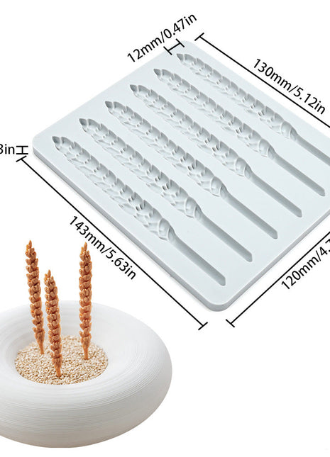Silicone mold for making wheat stalks with dimensions and product code LFM-465 displayed.