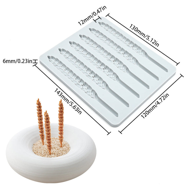 Silicone mold for making wheat stalks with dimensions and product code LFM-465 displayed.