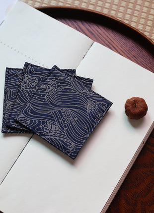 Fabric Coaster — Navy blue hand-painted wind wave patterns (9×9 cm)
