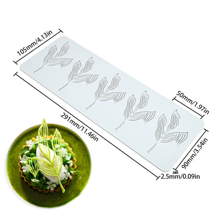 Silicone mold with leaf design and dimensions displayed, used for baking.