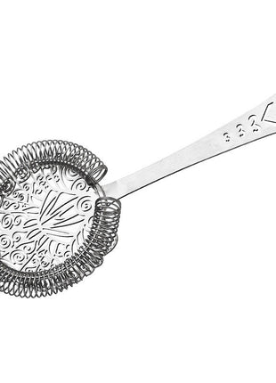 Silver mesh strainer with decorative handle on a white background