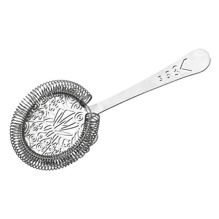 Silver mesh strainer with decorative handle on a white background