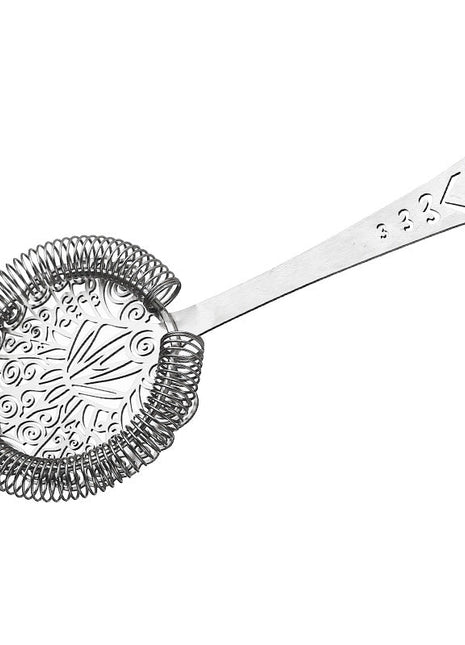 Silver mesh strainer with decorative handle on a white background