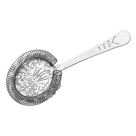 Silver mesh strainer with decorative handle on a white background | Cocktail Ceremony