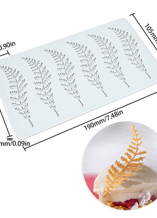 Silicone mold with leaf patterns and dimensions on a white background