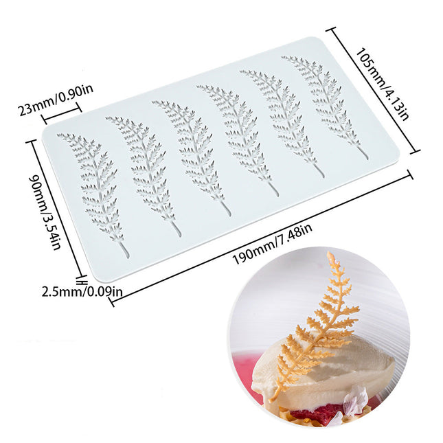 Silicone mold with leaf patterns and dimensions on a white background